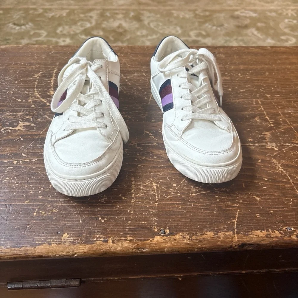 J. Crew White Leather Kids Sneakers with Navy and Purple Stripes